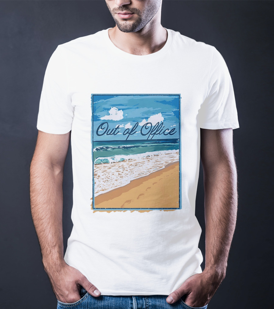 Out Of Office Beach Painting Photo 2025 Blue Sky Ocean Waves Sand T-Shirt
