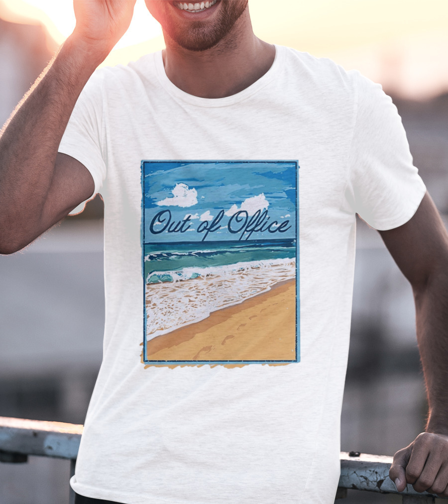 Out Of Office Beach Painting Photo 2025 Blue Sky Ocean Waves Sand T-Shirt