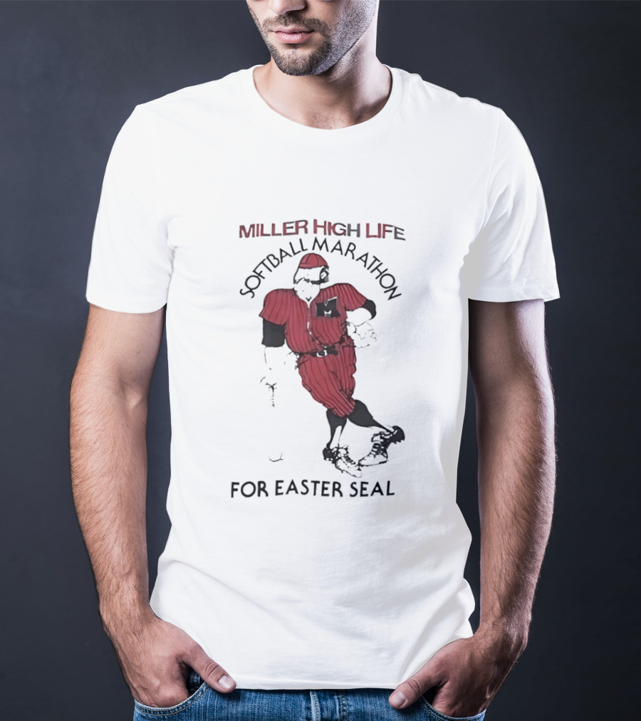 Miller High Life Softball Marathon For Easter Seal Player In Red Uniform T-Shirt