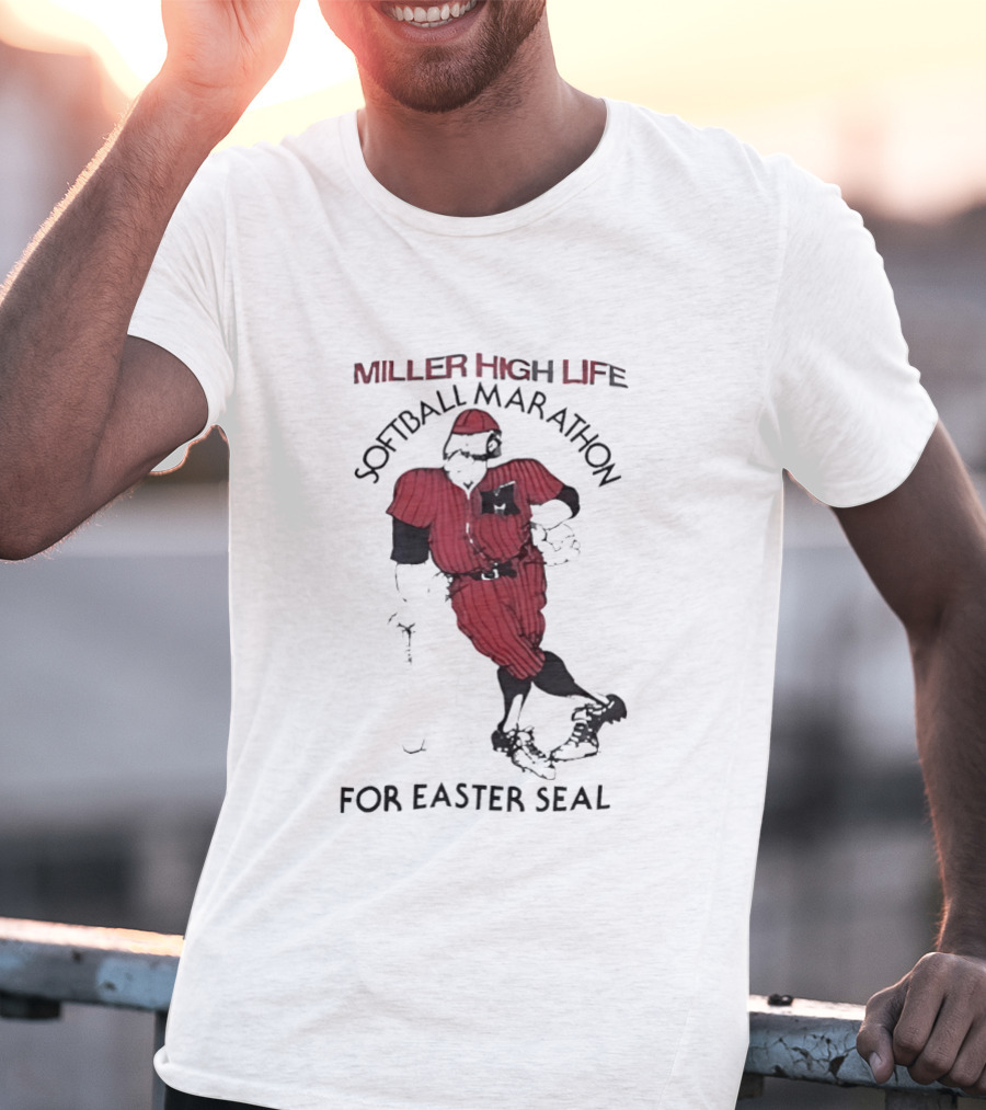 Miller High Life Softball Marathon For Easter Seal Player In Red Uniform T-Shirt