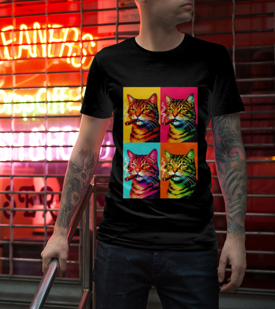 Pop Art Cat Smoking Cigar Colorful Comic T-Shirt