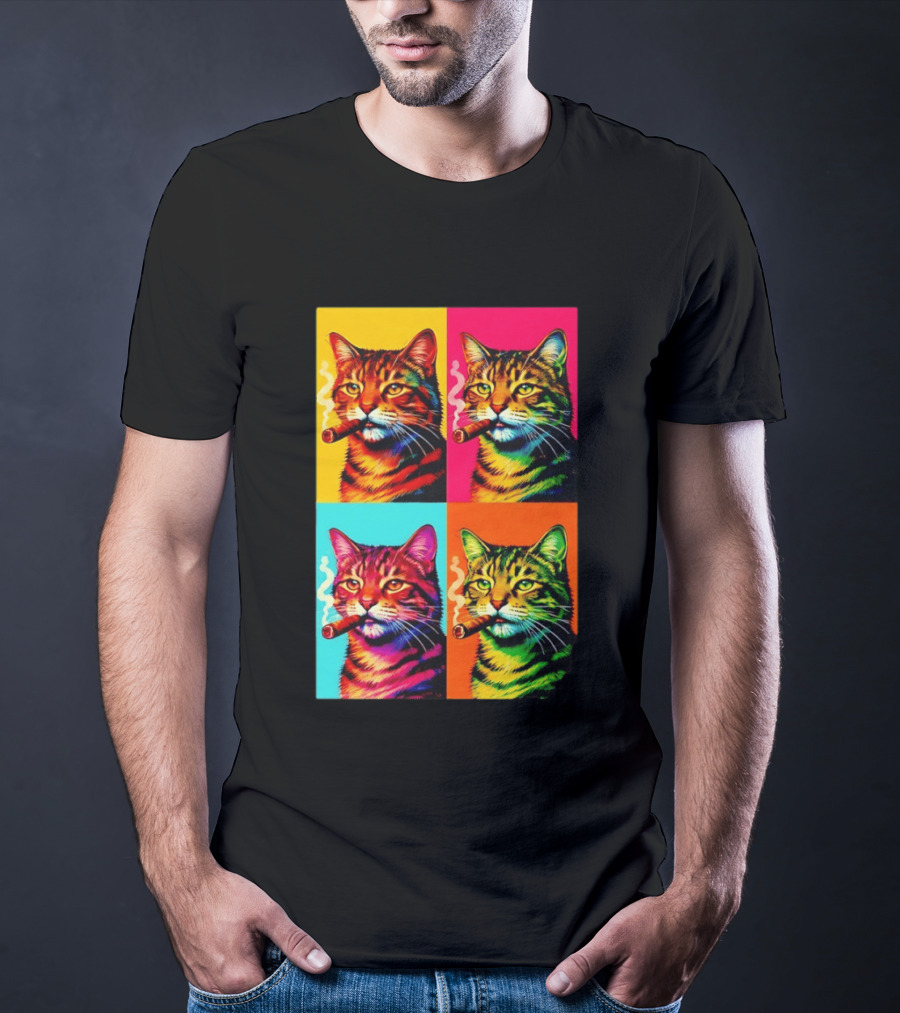 Pop Art Cat Smoking Cigar Colorful Comic T-Shirt