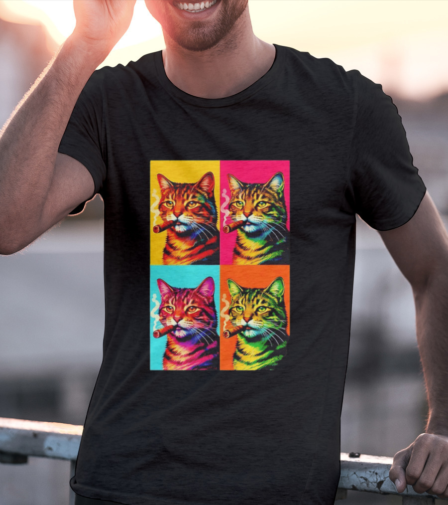 Pop Art Cat Smoking Cigar Colorful Comic T-Shirt