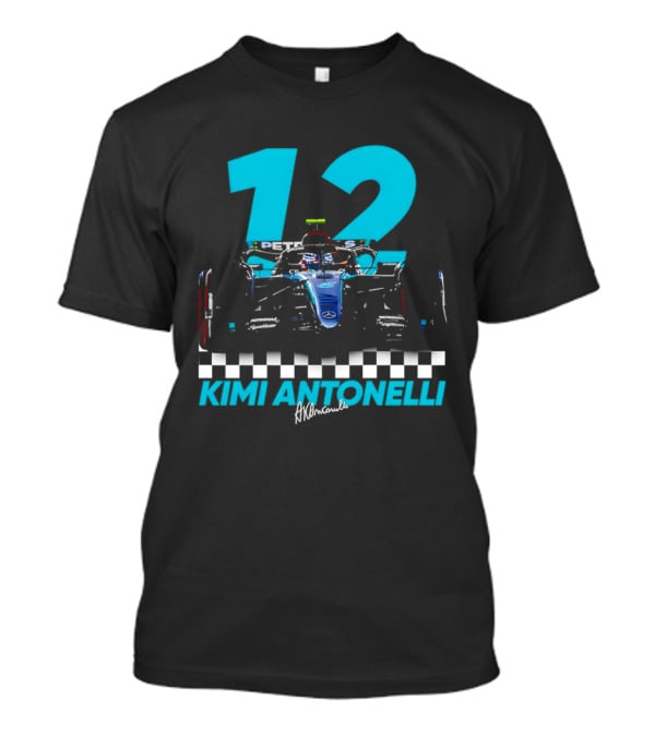 Kimi Antonelli 12 Formula One Racing Car With Checkered Flag T-Shirt