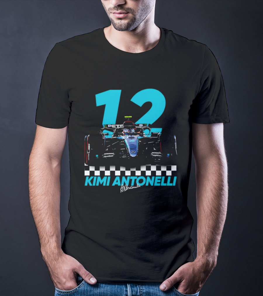 Kimi Antonelli 12 Formula One Racing Car With Checkered Flag T-Shirt