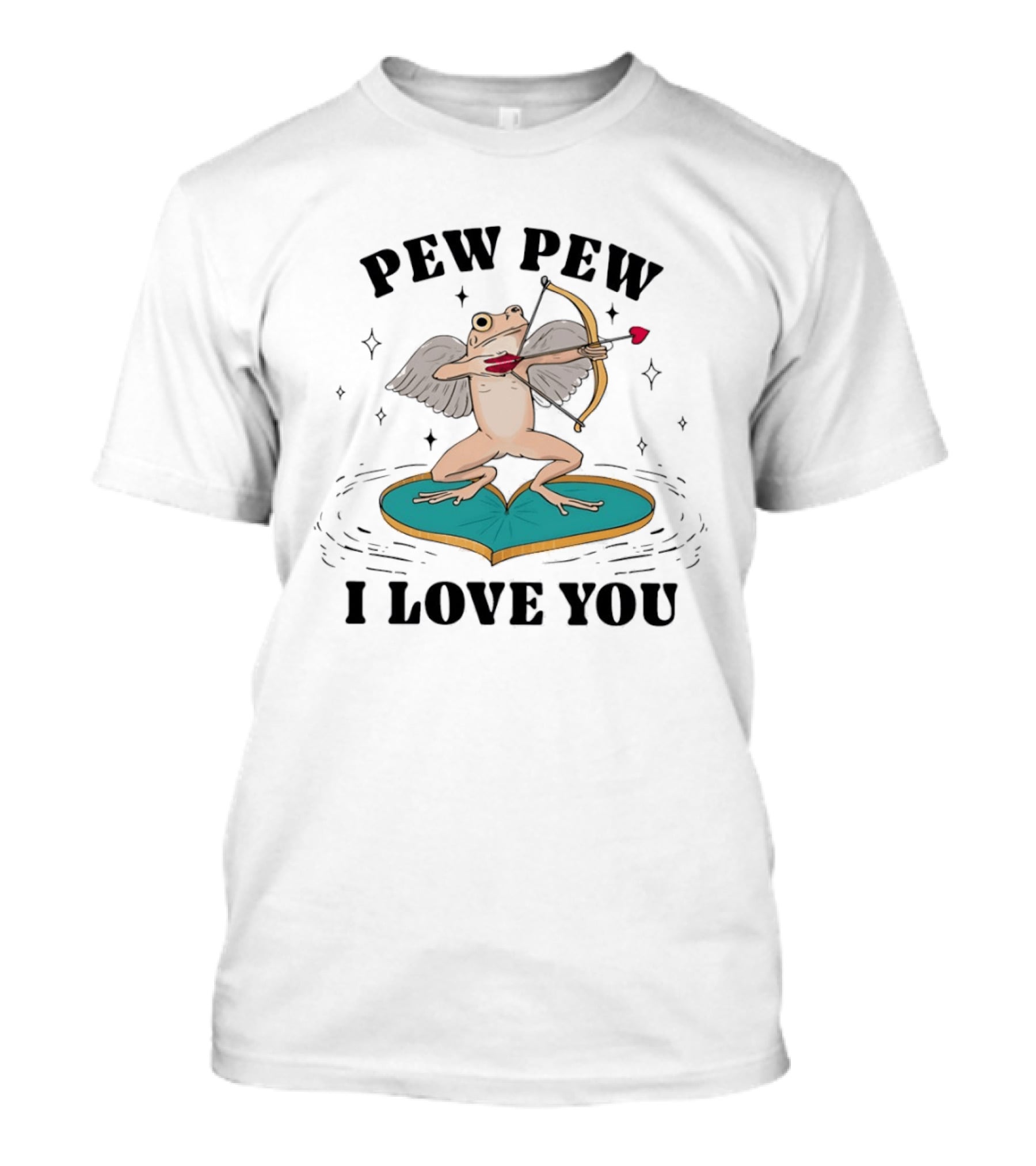 Pew Pew Cupid Frog Holding Love Bow Heart Shaped Lotus Leaf I Love You T-Shirt