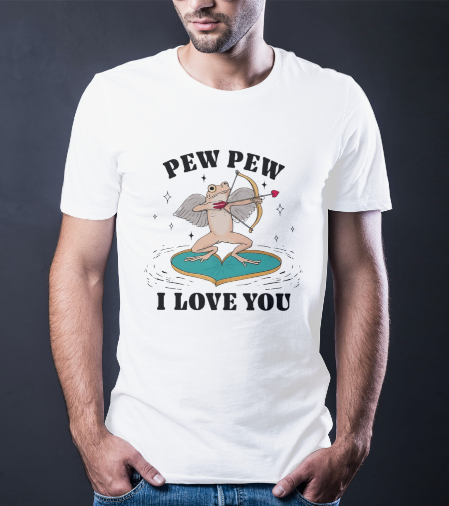 Pew Pew Cupid Frog Holding Love Bow Heart Shaped Lotus Leaf I Love You T-Shirt
