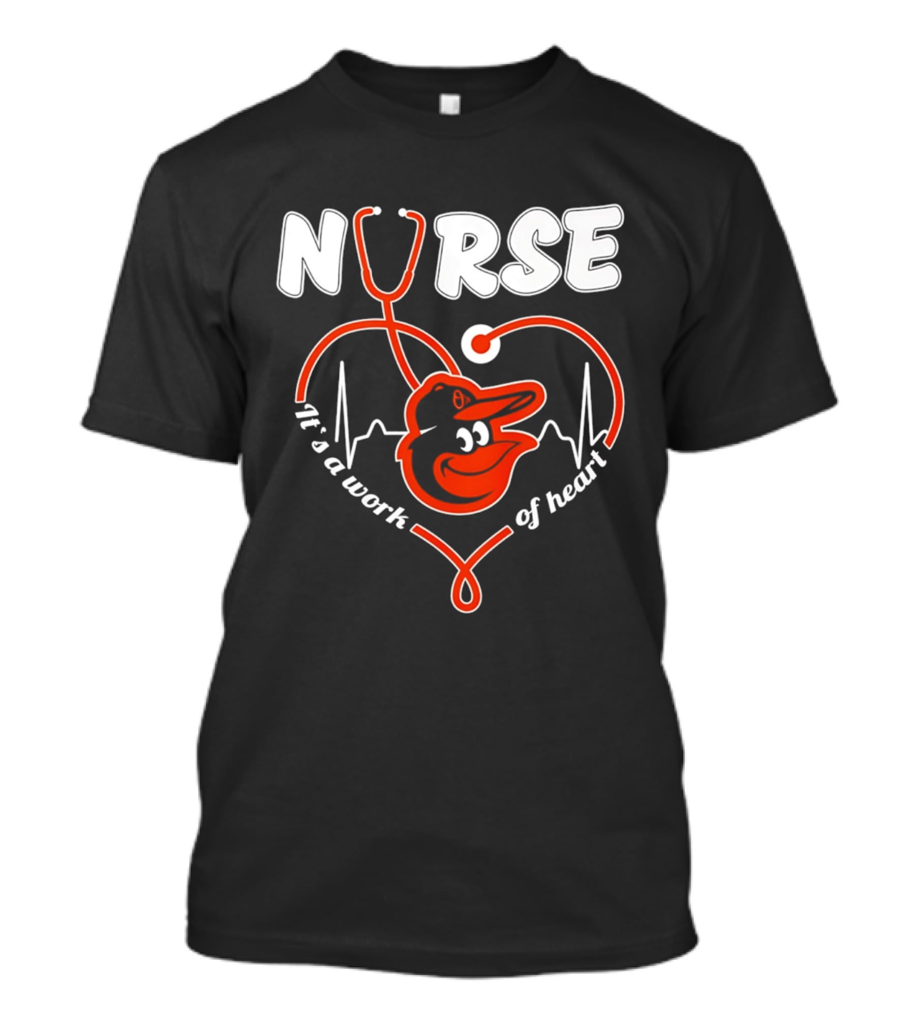 Baltimore Orioles Nurse It's A Work Of Heart Stethoscope And Heartbeat 2026 T-Shirt