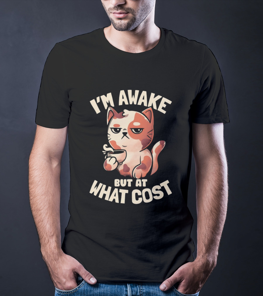 I'm Awake But At What Cost Funny Tired Cat With Coffee T-Shirt