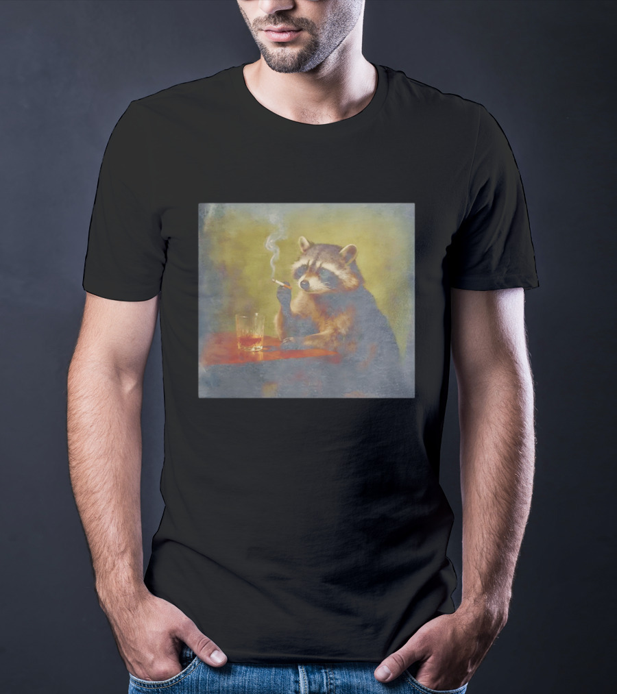Sad Raccoon Smoking Cigarette And Drinking Whiskey Scene T-Shirt