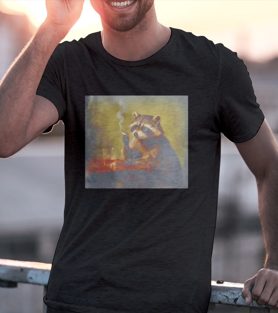 Sad Raccoon Smoking Cigarette And Drinking Whiskey Scene T-Shirt