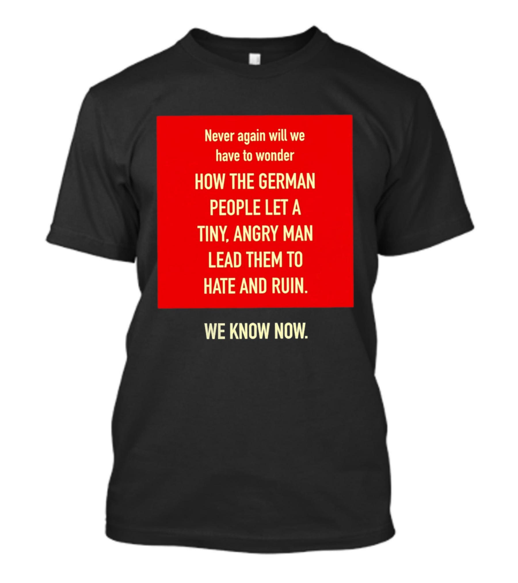 Never Again Will We Have To Wonder How The German People Let A Tiny Angry Man Lead Them To Hate And Ruin We Know Now T-Shirt