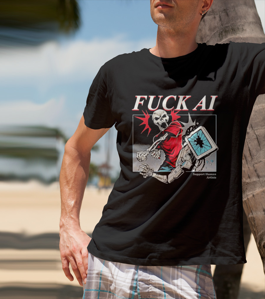 Skeleton Punch Robot Fuck AI Support Human Artists T-Shirt