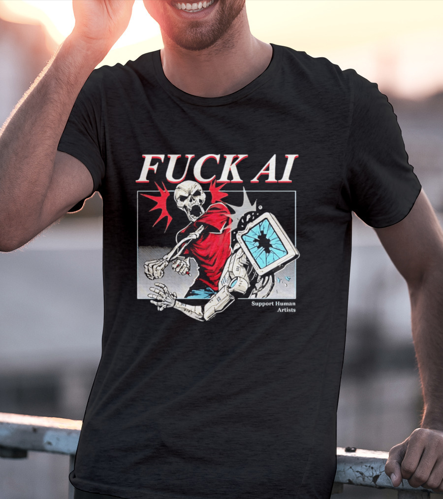 Skeleton Punch Robot Fuck AI Support Human Artists T-Shirt