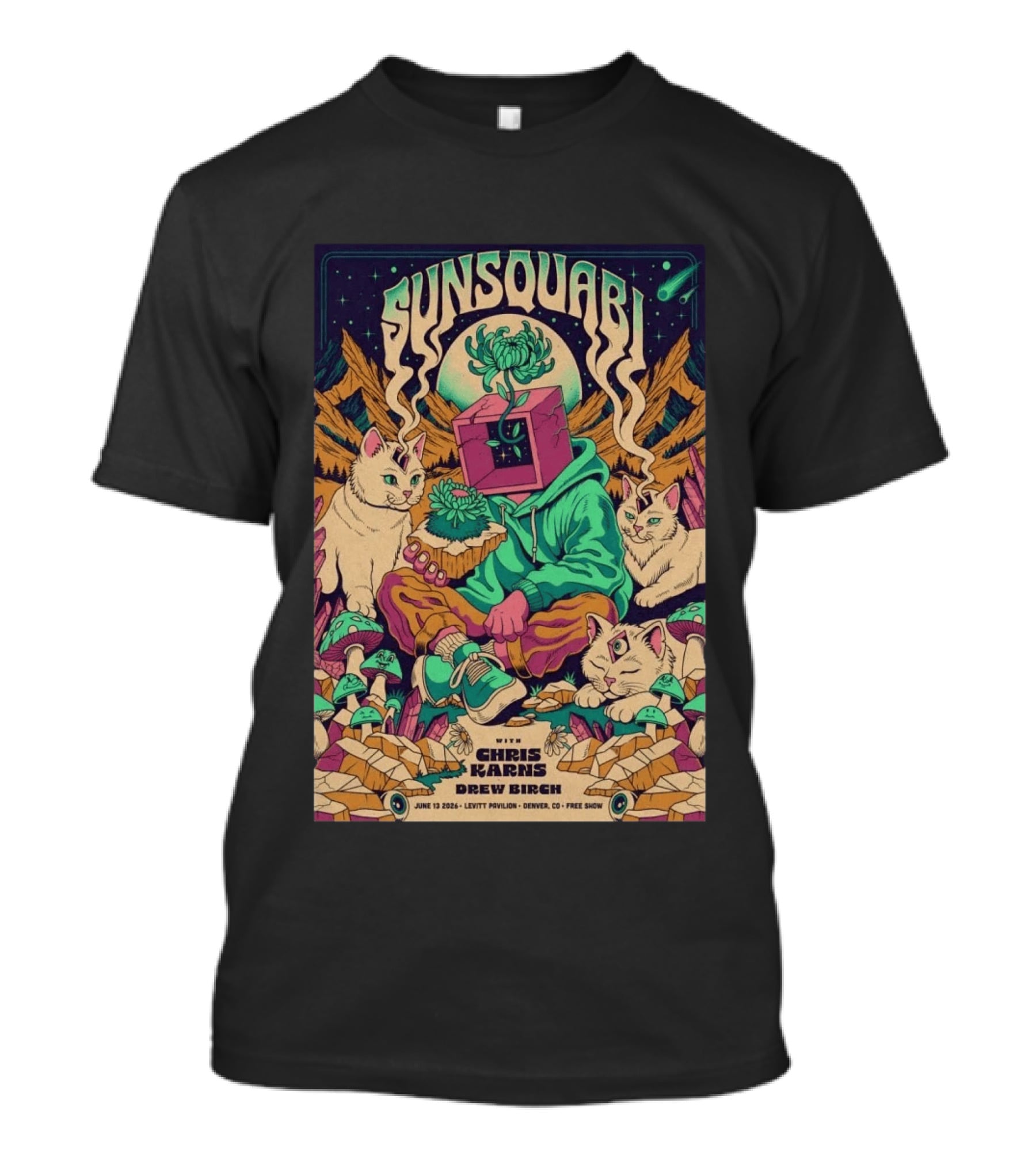 Sunsquabi Levitt Pavilion Denver Show June 13 2026 Free With Chris Karns Drew Birch T-Shirt