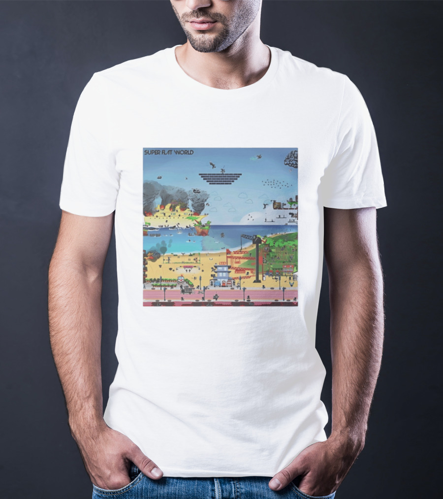 Super Flat World Cartoon Pixel Art Adventure Beach Cityscape Fantasy T-Shirt