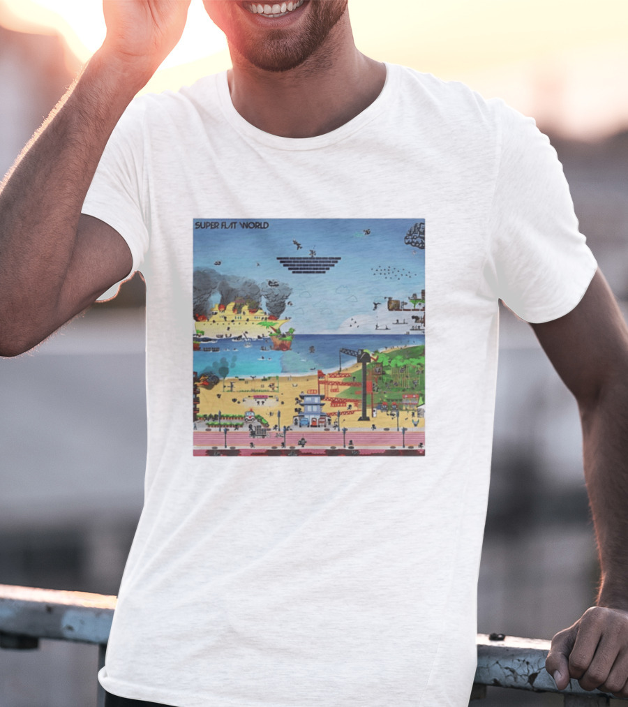 Super Flat World Cartoon Pixel Art Adventure Beach Cityscape Fantasy T-Shirt
