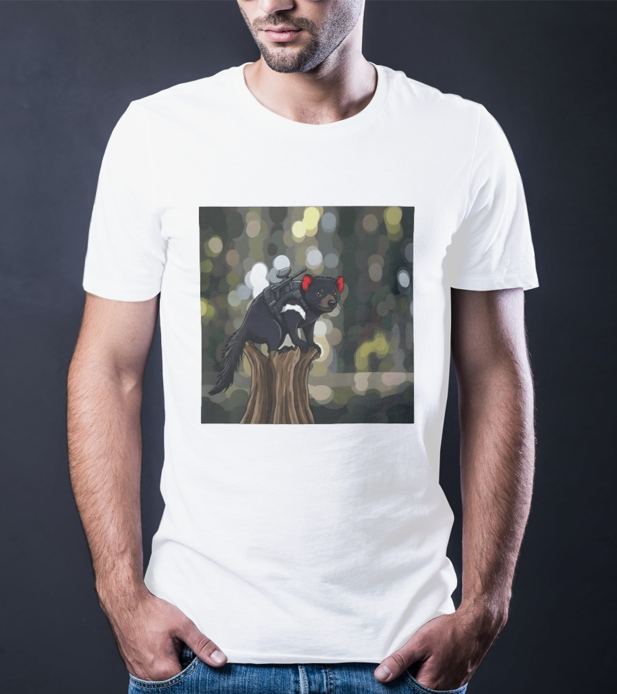 Tasmanian Devil With Machine Gun Cartoon On Tree Stump T-Shirt
