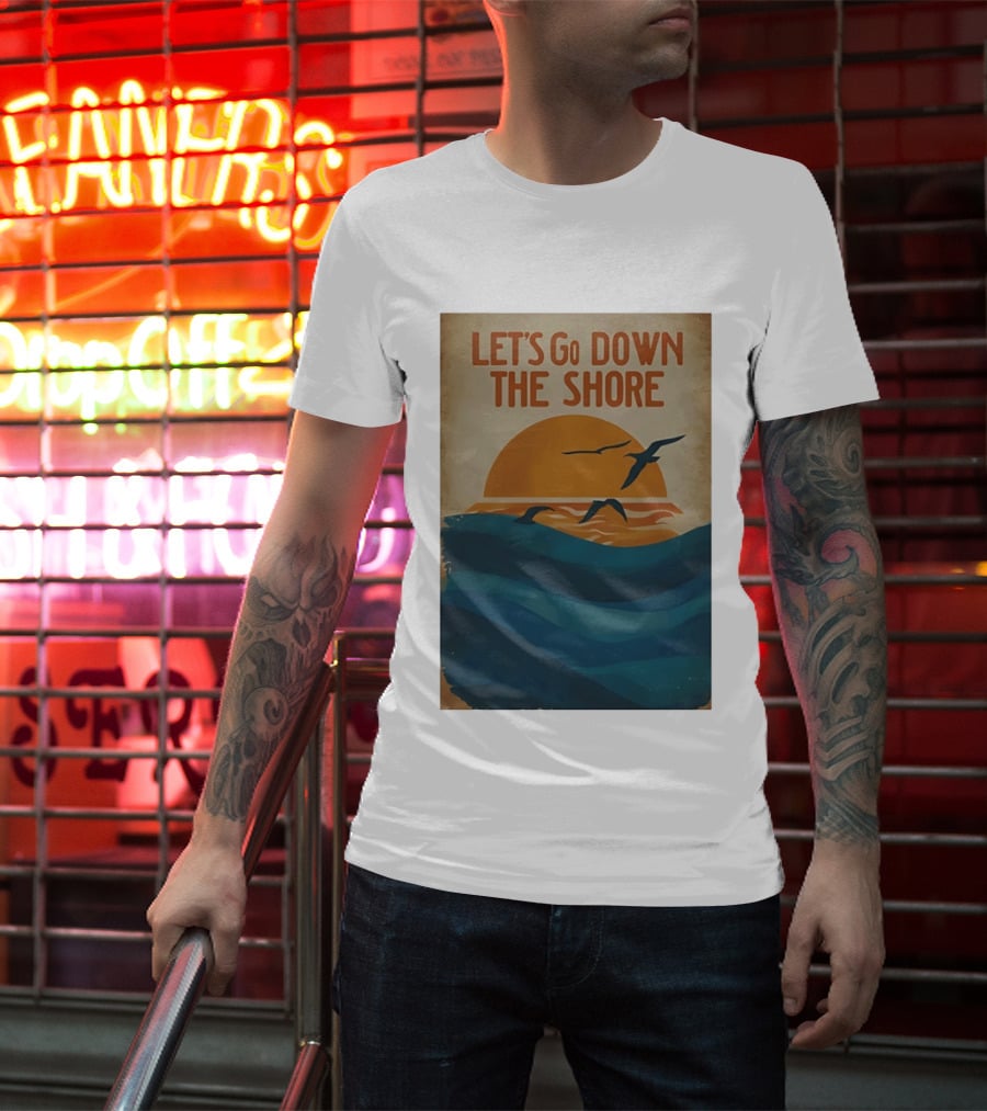 Let's Go Down The Shore Seaside Sunset Ocean Waves And Seagulls T-Shirt