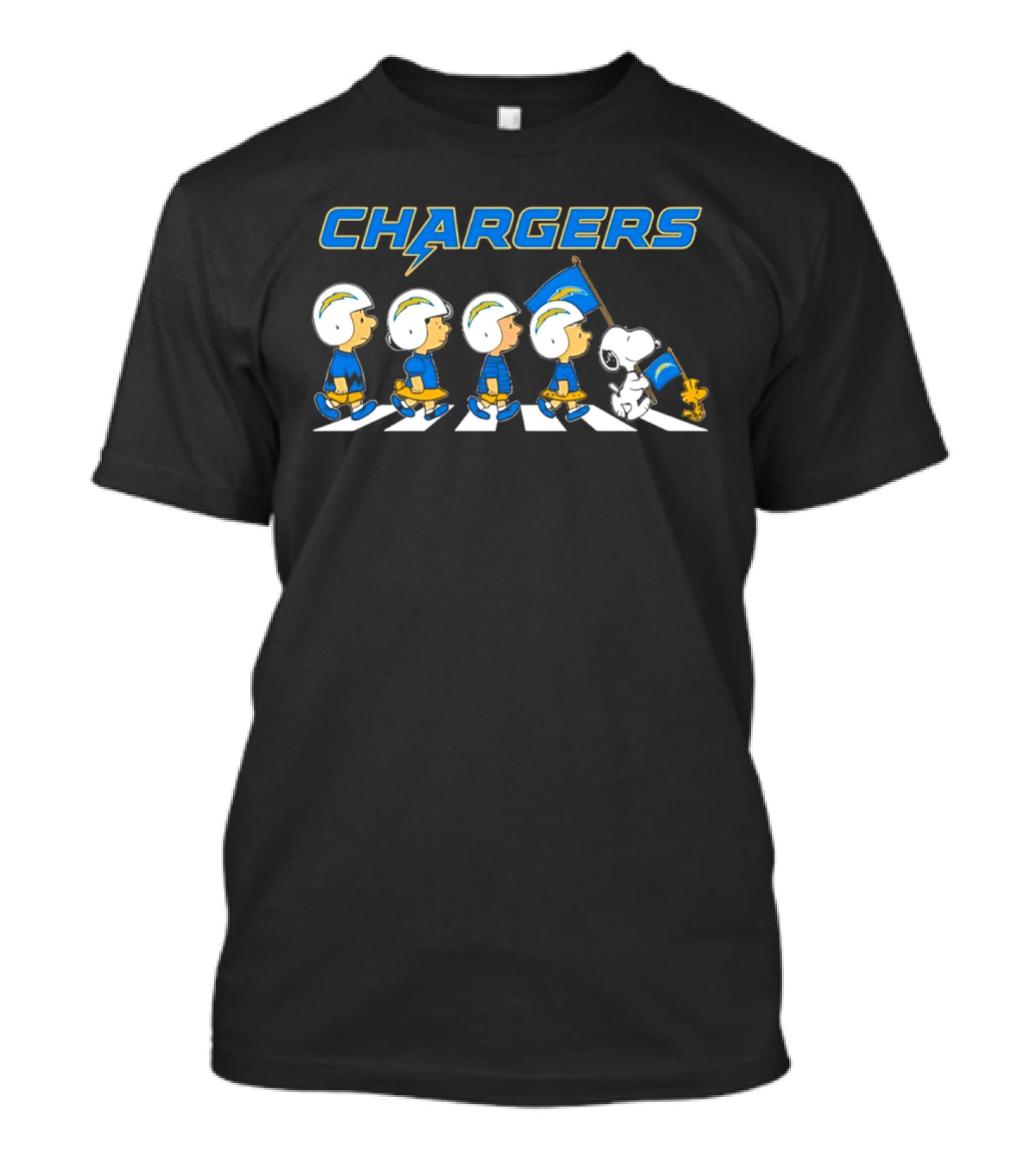 Peanuts Los Angeles Chargers Walking Flag Football Team Collaboration T-Shirt