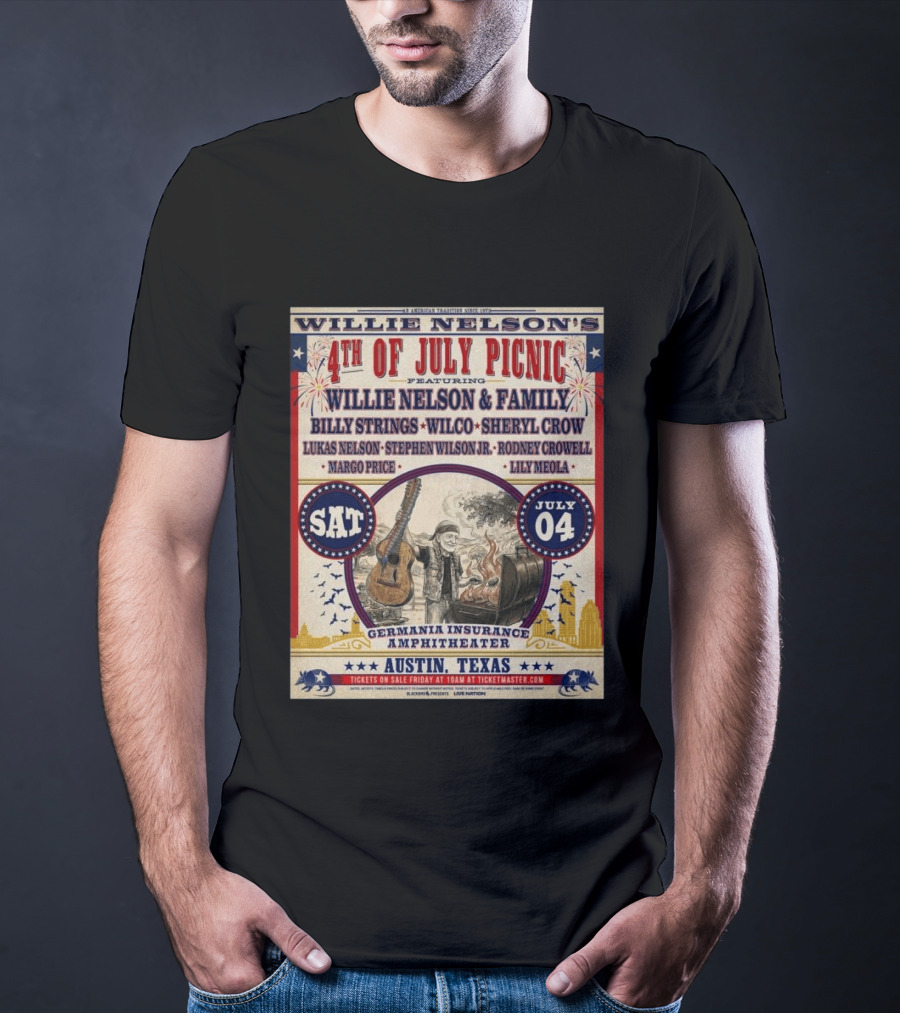 Willie Nelson's 4th Of July Picnic Willie Nelson & Family Billy Strings Wilco Sheryl Crow Austin Texas Germania Insurance Amphitheater July 4 2026 T-Shirt