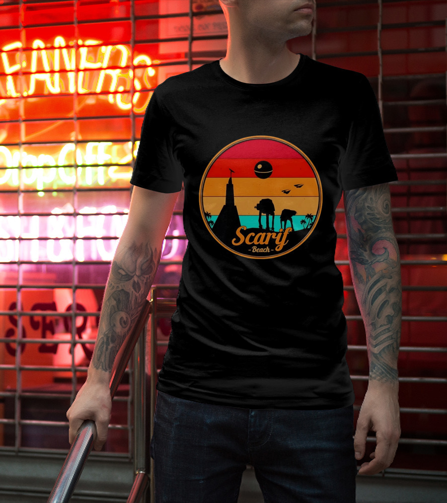 Scarif Beach Sunset With AT ACT Walkers And Death Star T-Shirt