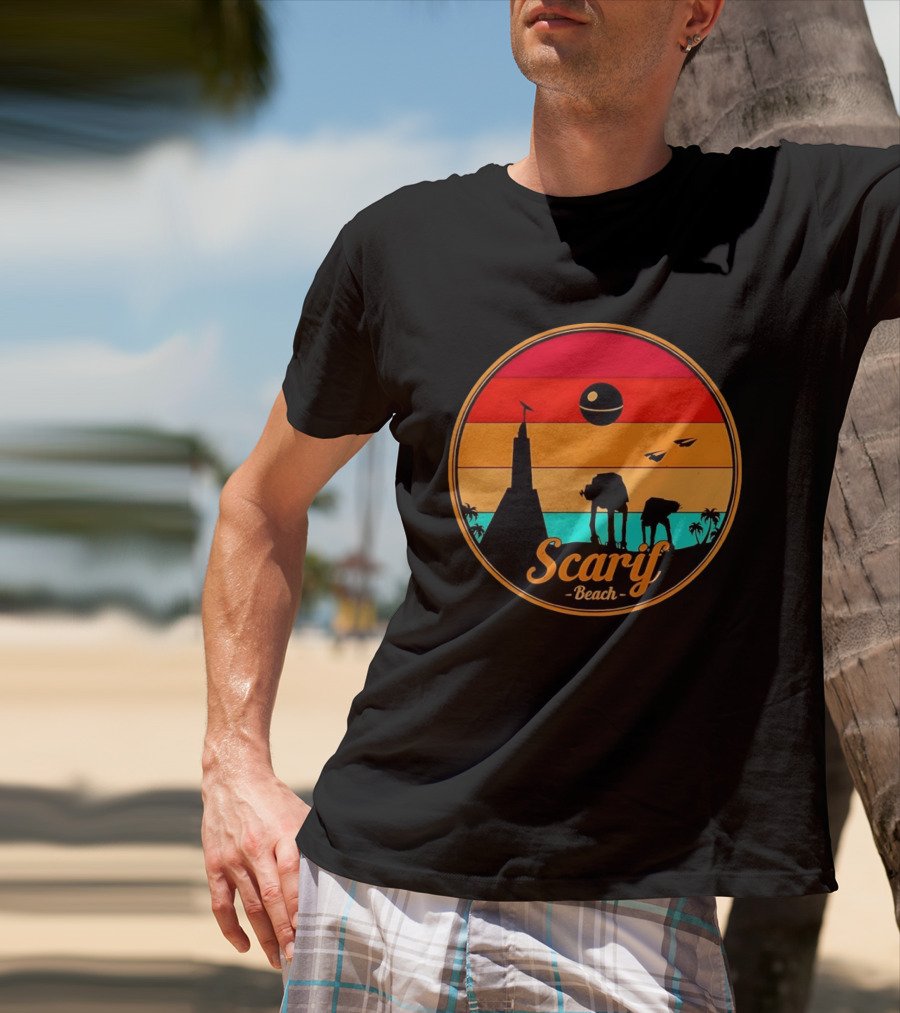 Scarif Beach Sunset With AT ACT Walkers And Death Star T-Shirt