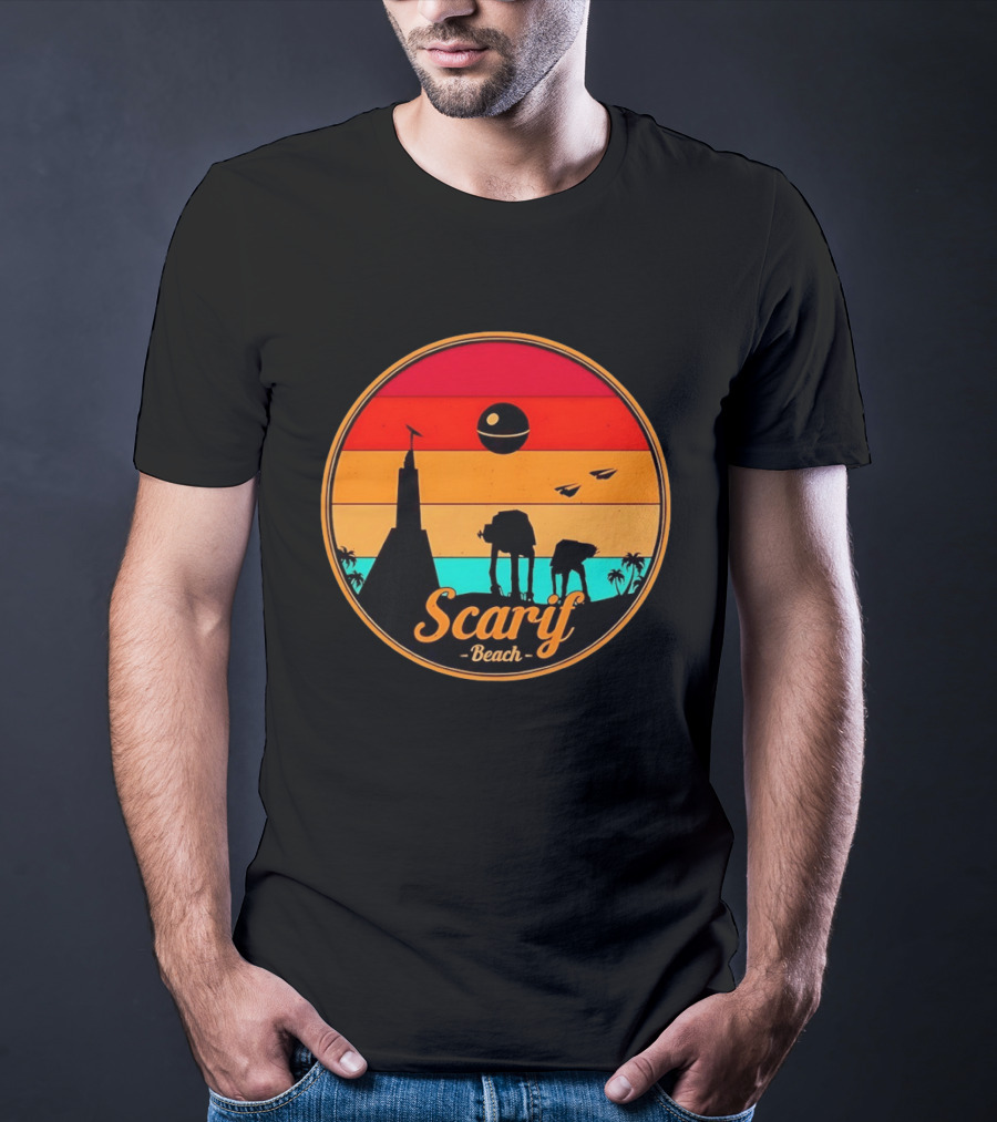 Scarif Beach Sunset With AT ACT Walkers And Death Star T-Shirt