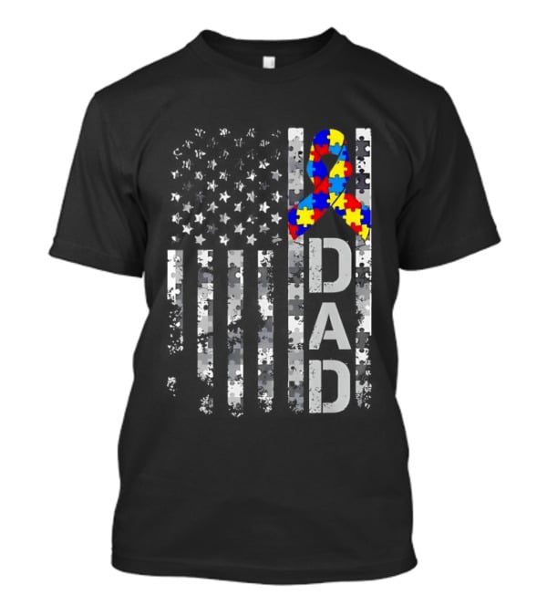 USA Flag With Autism Awareness Puzzle Ribbon Dad Fathers Day T-Shirt