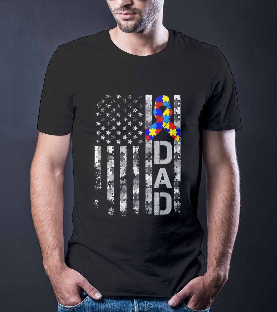 USA Flag With Autism Awareness Puzzle Ribbon Dad Fathers Day T-Shirt