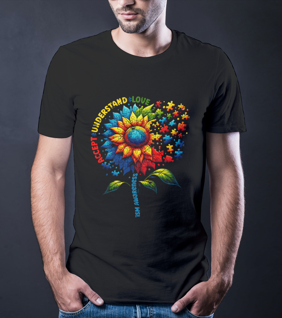 Accept Understand Love Sunflower Autism Awareness Puzzle Pieces T-Shirt