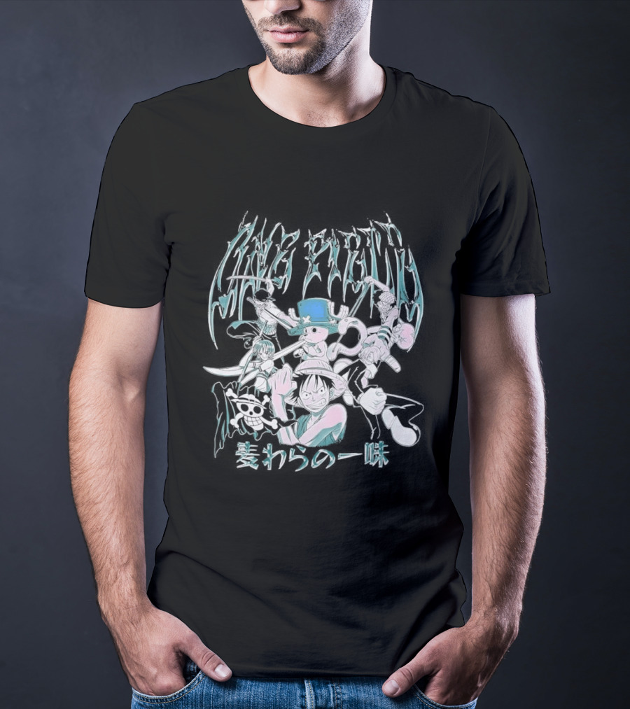 One Piece Group Chrome Luffy Zoro Nami Sanji Chopper Tony Tony Pirate Crew Manga Anime Style Kanji T-Shirt