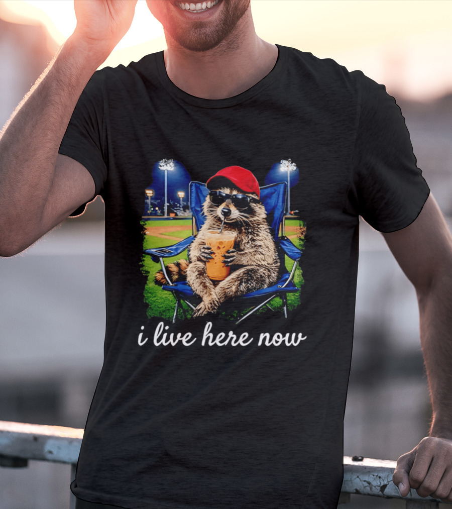 Raccoon I Live Here Now With Sunglasses And Drink At Baseball Field T-Shirt