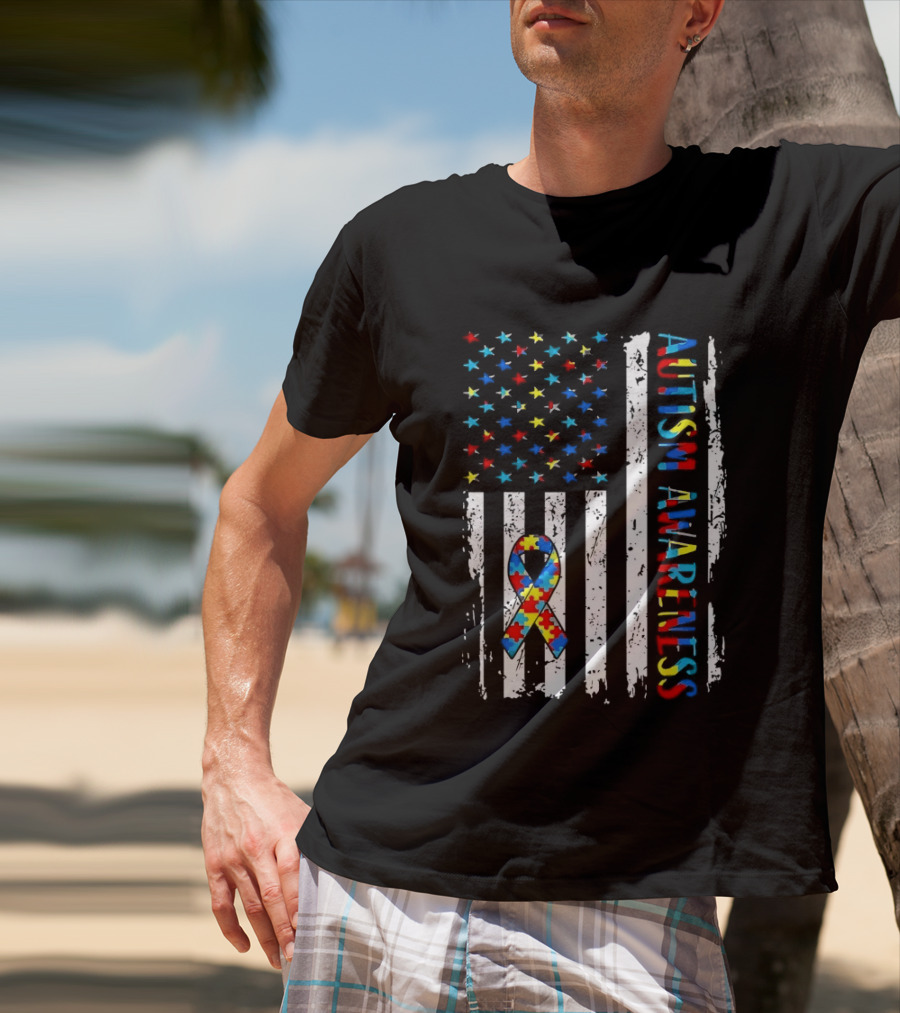 USA Flag Autism Awareness Ribbon Puzzle Pieces T-Shirt