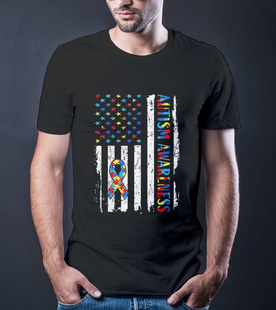 USA Flag Autism Awareness Ribbon Puzzle Pieces T-Shirt