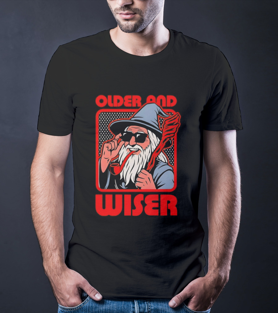 Older And Wiser Wizard Smoking Pipe In Sunglasses Wise Pop T-Shirt
