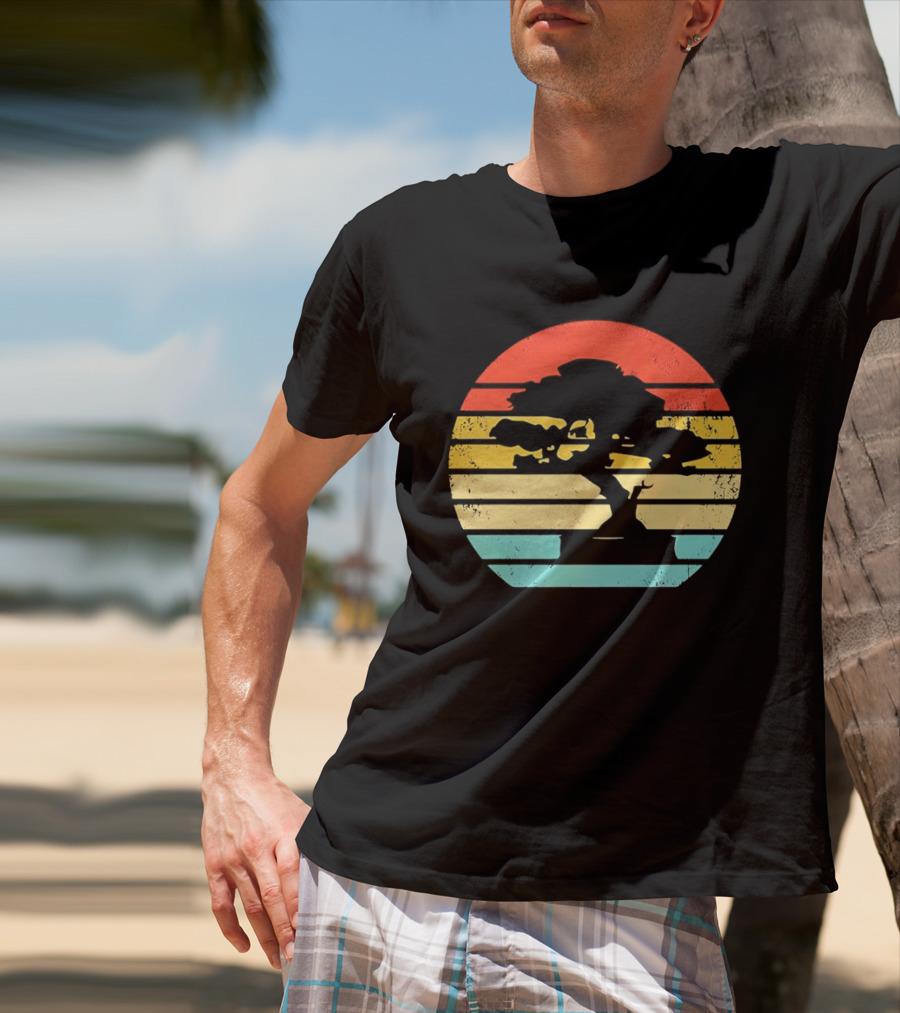 Bonsai Tree Silhouette Japan Retro Sunset T-Shirt