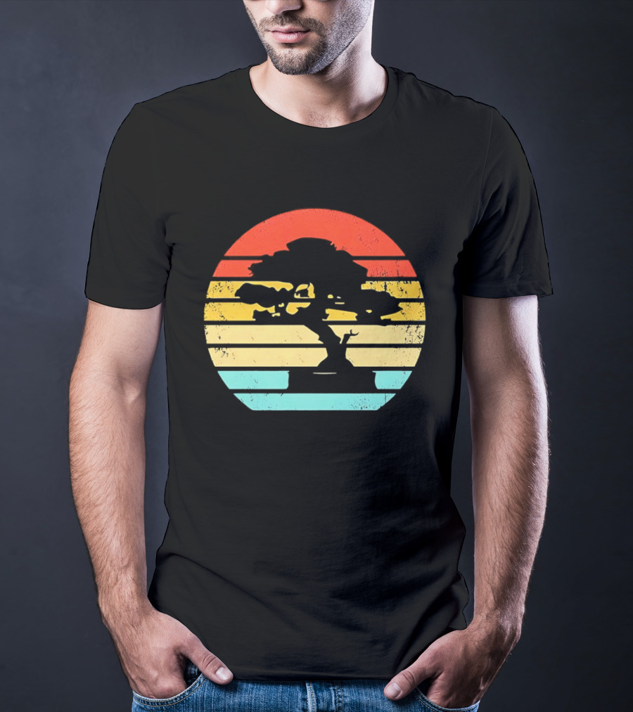 Bonsai Tree Silhouette Japan Retro Sunset T-Shirt