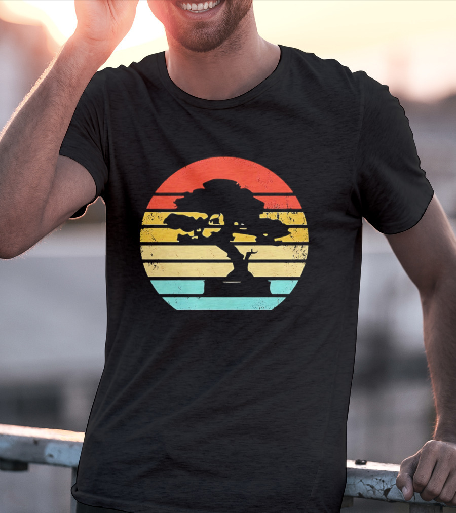 Bonsai Tree Silhouette Japan Retro Sunset T-Shirt