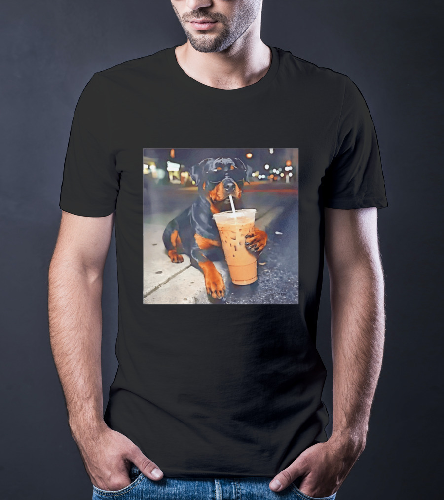 Rottweiler Drinking Iced Coffee Wearing Sunglasses Funny Dog T-Shirt