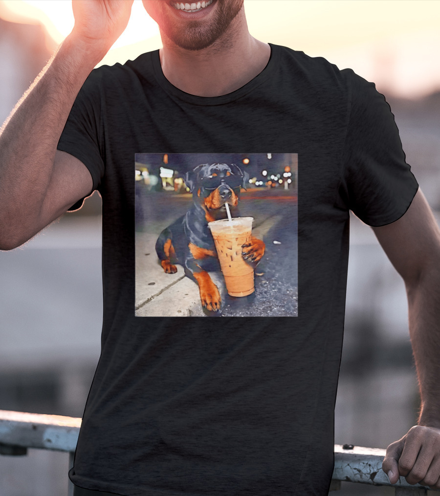 Rottweiler Drinking Iced Coffee Wearing Sunglasses Funny Dog T-Shirt