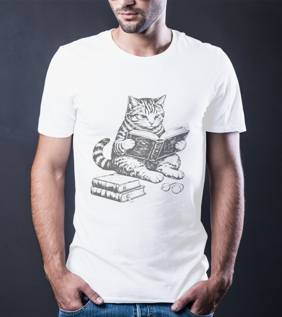 Tabby Cat Sitting And Reading Book With Stacked Books Beneath T-Shirt