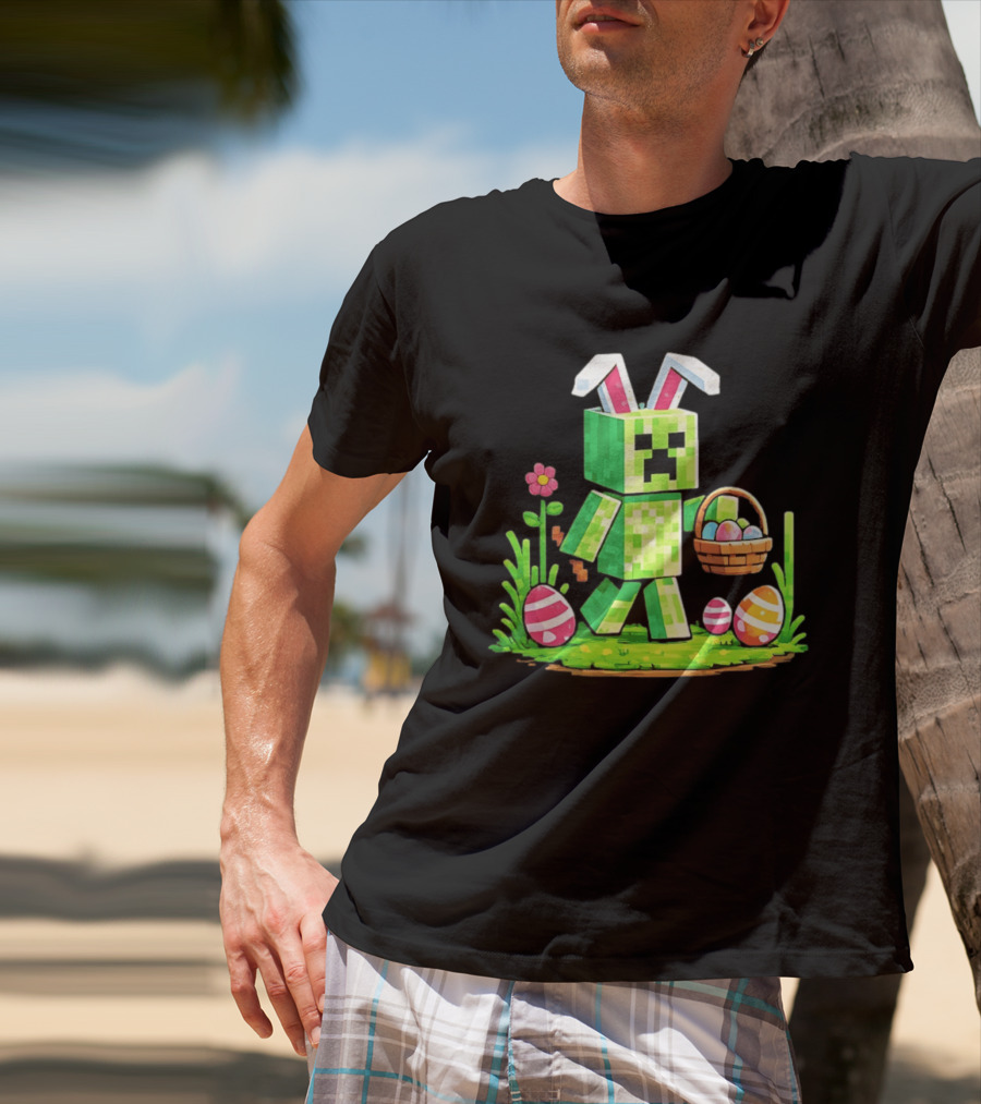Creeper Rabbit Ears Easter Egg Hunt Gamer Pixel T-Shirt
