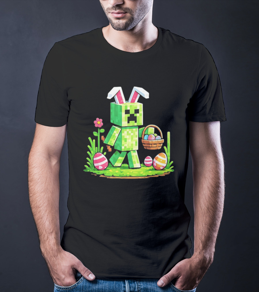 Creeper Rabbit Ears Easter Egg Hunt Gamer Pixel T-Shirt