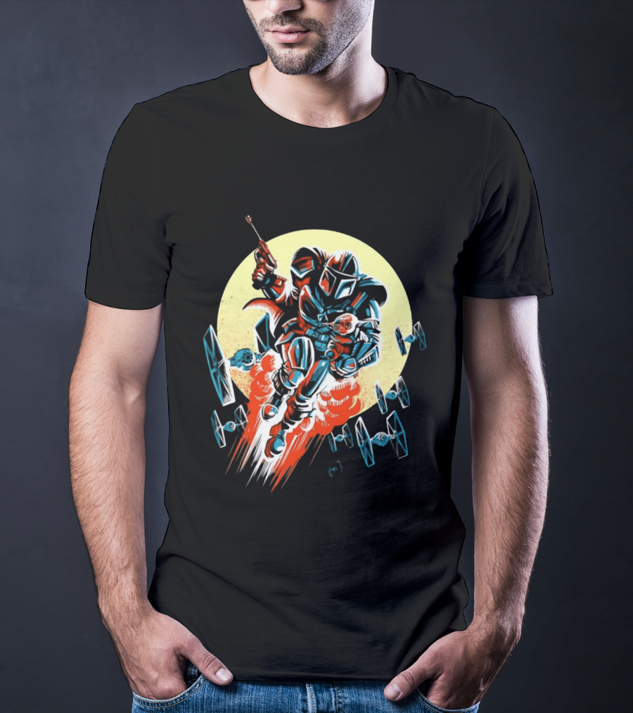 Din Djarin Grogu TIE Fighters Mandalorian Jetpack Adventure T-Shirt