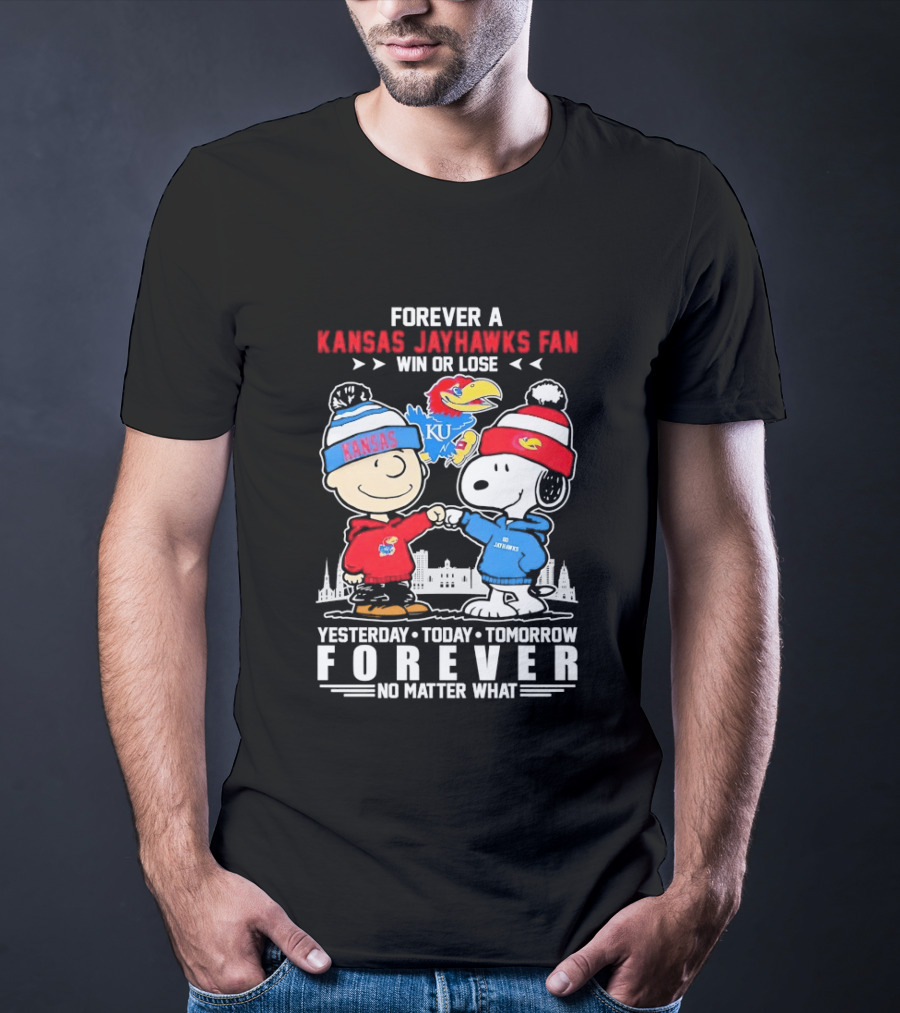 Kansas Jayhawks Fan Snoopy And Charlie Brown Win Or Lose Forever No Matter What T-Shirt