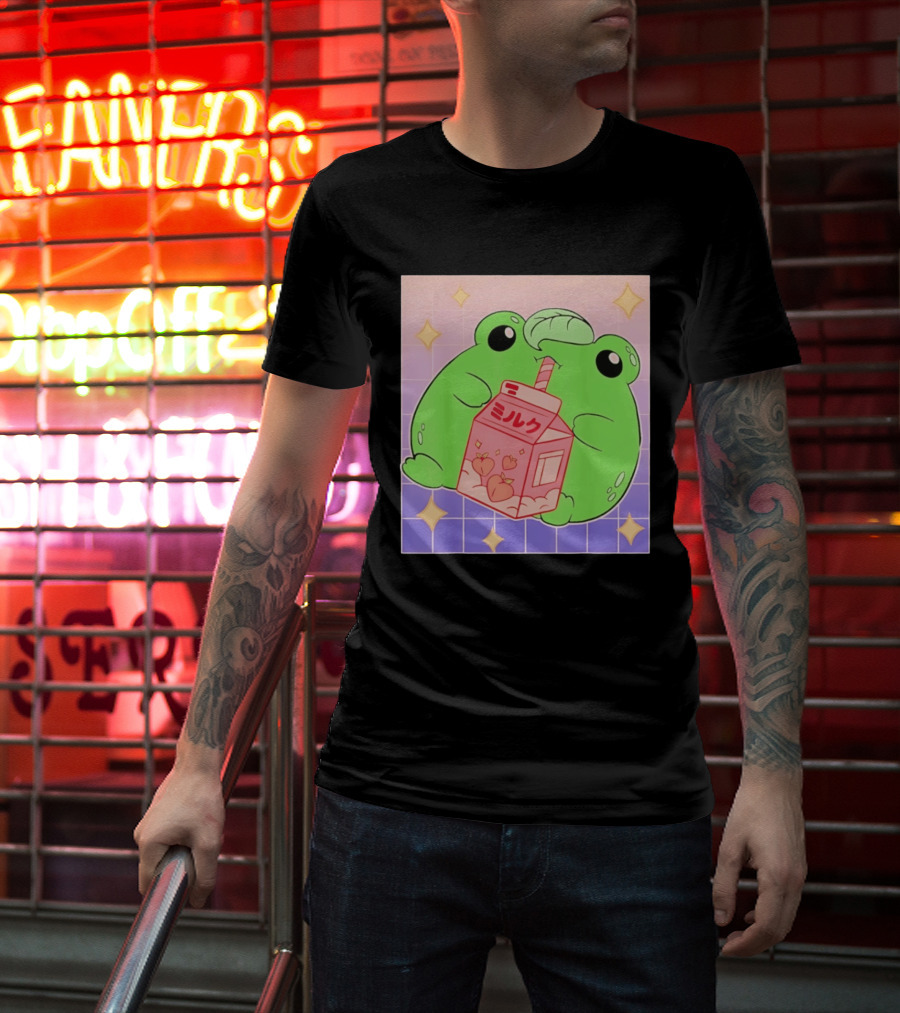 Frog With Peach Milk Box Kawaii Cartoon T-Shirt