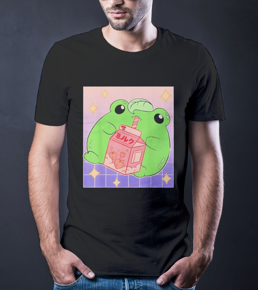 Frog With Peach Milk Box Kawaii Cartoon T-Shirt