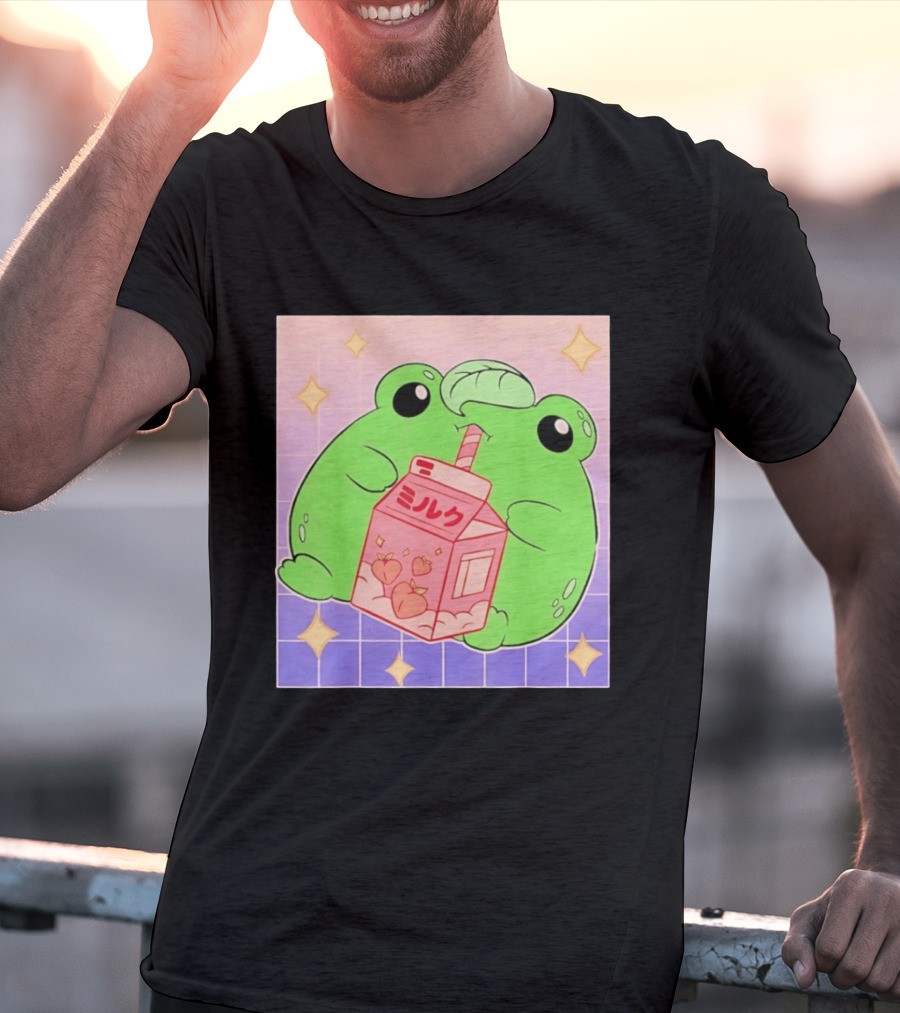 Frog With Peach Milk Box Kawaii Cartoon T-Shirt