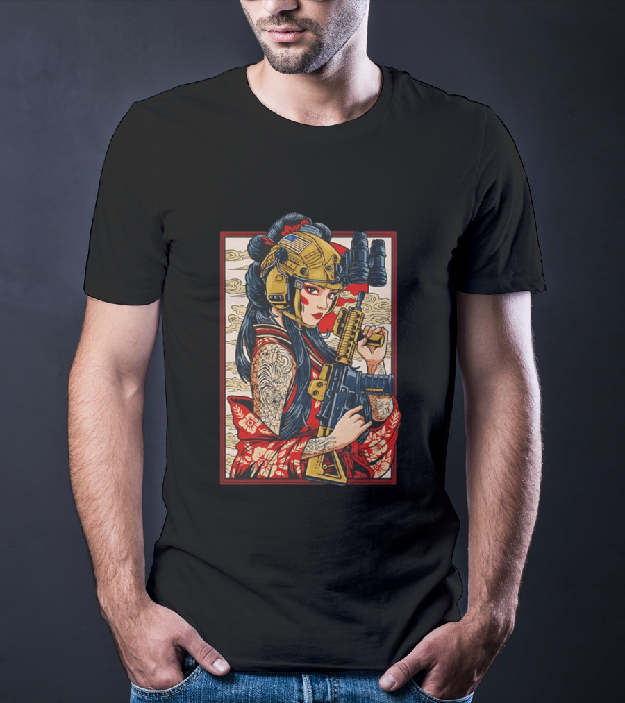 Geisha Anime Tactical Card Warrior With Helmet And Rifle T-Shirt